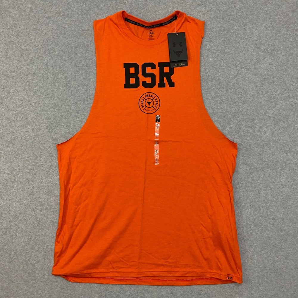 Under Armour Men's S Project Rock BSR Sleeveless Tank Top Orange 1389900-844 NWT